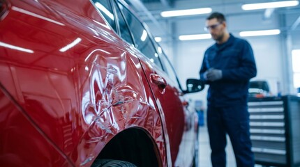 Professional auto body repair service. Close-up of a damaged red car fender after a collision, with a blurred mechanic in a modern garage background