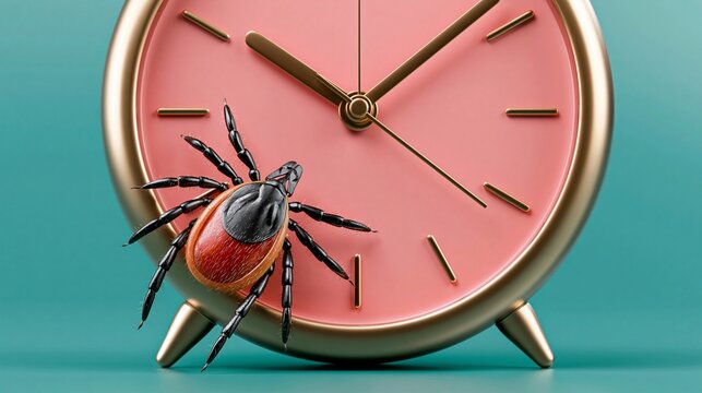 Eine Zecke sitzt auf dem rosafarbenen Zifferblatt einer analogen Uhr und symbolisiert Zeckengefahr zur Sommerzeit.