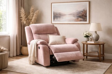 Fototapeta premium Velvet recliner in blush tone with clear picture frame on wall
