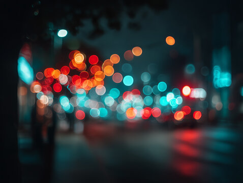 Glowing colorful bokeh street lights at night