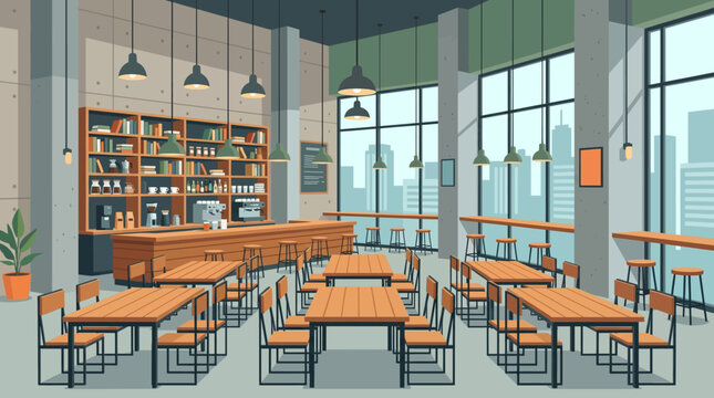 A wide flat illustration shows a modern cafeteria interior with tables, chairs, shelves, lamps, and large windows.