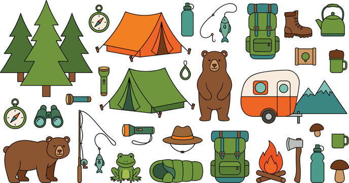 Camping and Wildlife Adventure Vector Element Set with Tents, Bears, Caravan, Campfire, Fishing Gear, and Forest Hiking Equipment