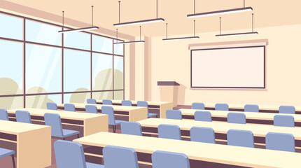 Obraz premium A wide flat vector illustration shows an empty classroom with desks, chairs, and a whiteboard indoors.