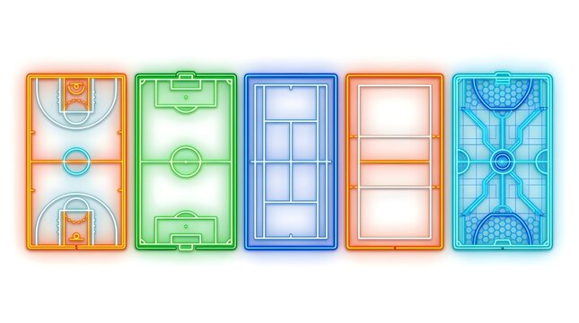 Neon glowing sports court icons set, colorful digital basketball soccer and tennis field outlines, futuristic athletic stadium layouts