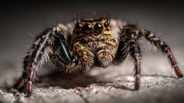 Close-up of a jumping spider, showing detailed legs, eyes, and textured body
