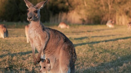 Mother Kangaroo with Joey in Pouch at Sunset in Australian Grassland © blueringmedia