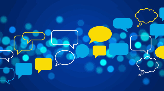 Vibrant chat bubbles float across a digital dark blue background with yellow accents and various shapes