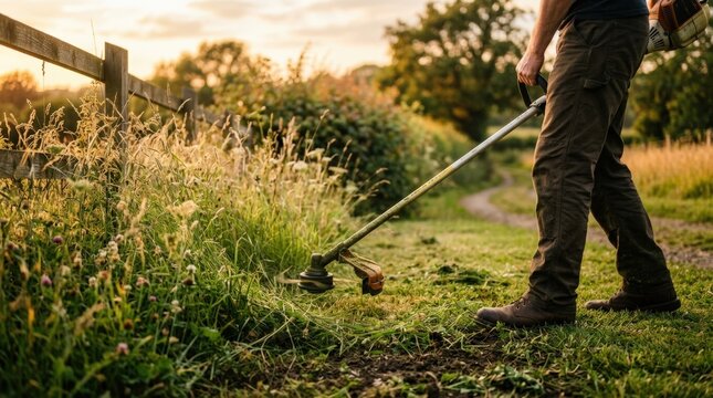 Gardener Trimming Overgrown Weeds with String Trimmer at Sunset.
