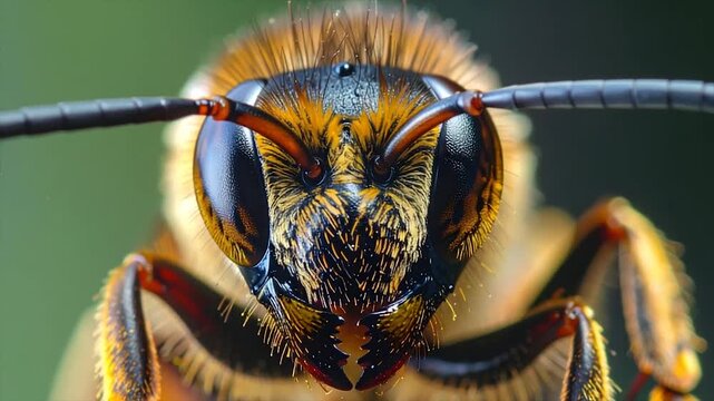 Extreme macro close-up of an insect's head, showing detail of eyes, mandibles, and antennae