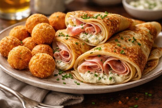 Tasty pancakes loaded with cream cheese and ham complemented by crispy chess balls in soft focus