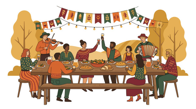 Diverse group of friends celebrating autumn harvest festival together at a large outdoor dinner table