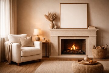 Fototapeta premium Warm toned interior showing side view of wooden floor living room with white armchair and vacant frame on fireplace