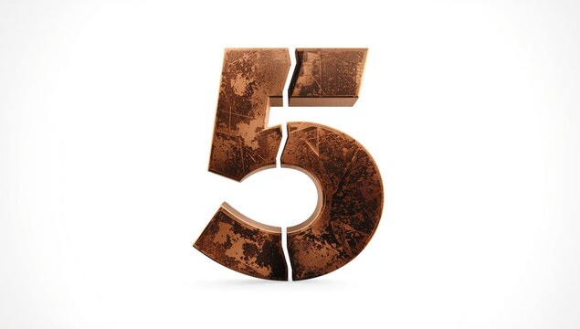 Chiseled copper digit five featuring broken style font against white background