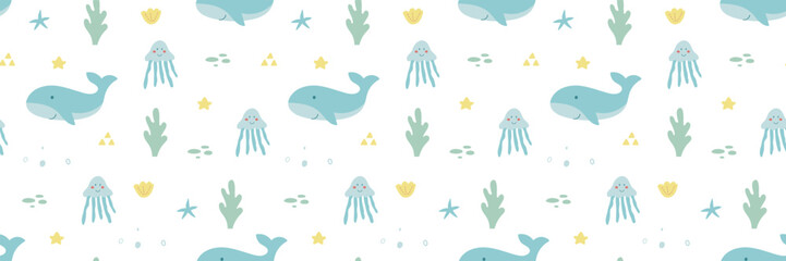 Fototapeta premium Save the ocean texture. Hand drawn sea life seamless pattern. Unique marine life objects. Underwater seascape. Sea fauna with whale, shell, jellyfish, corals. Vector Illustration