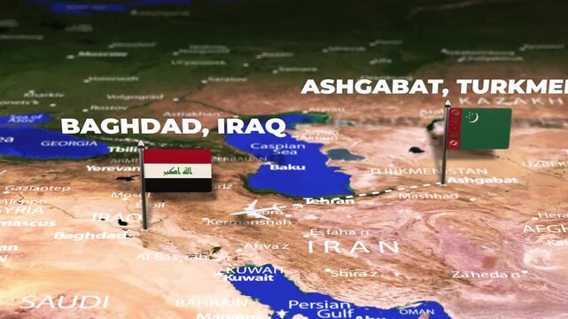 Flight From Ashgabat Turkmenistan to Baghdad IRAQ with flag pins