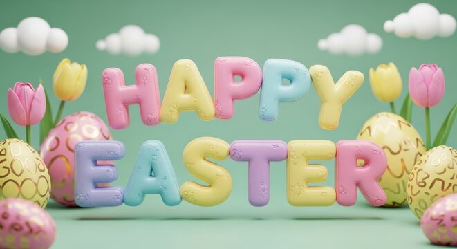 Easter eggs and tulips with Happy Easter text