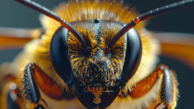 Extreme close-up of a bee's face with antennae, eyes, and detailed features