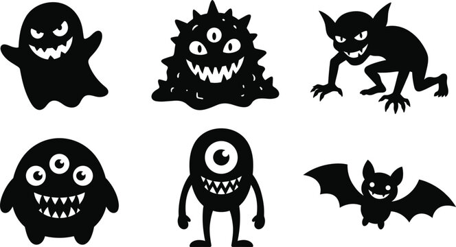 Halloween monster silhouette vector set with spooky ghost bat goblin and alien cartoon creature icons