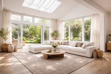 Fototapeta premium Spacious architectural living area with white sofa and abundant natural light through windows