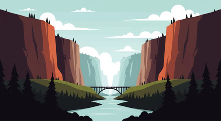 Vector flat design illustration of a majestic canyon landscape with a river and bridge under a cloudy sky © DevanAlfaris