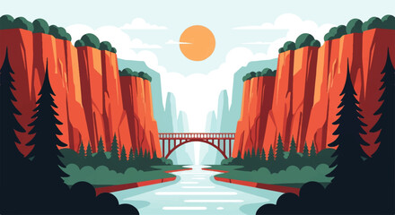 Vector flat design illustration of a scenic river flowing through a canyon with a bridge and sun overhead © DevanAlfaris
