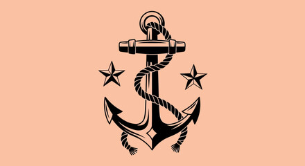 Nautical anchor icon, rope wrapped, star symbols, black line art, peach background, vector graphic © Charlie