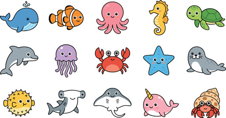 Cute Kawaii Sea Creatures Icon Set with Cartoon Ocean Animals Like Whale Dolphin Turtle and Crab for Kids Illustration Vector Elements © MdAungur