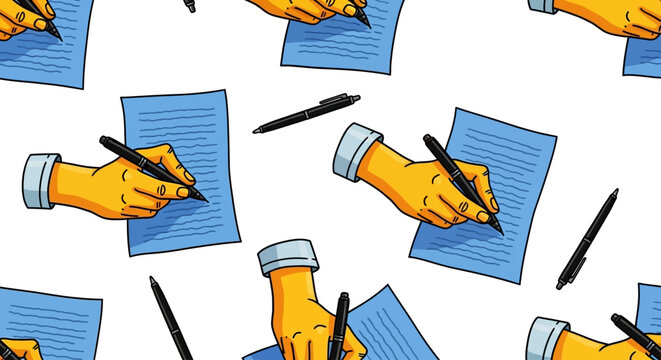Vector hands writing, drawing hands, cartoon hands with pen, illustration pattern