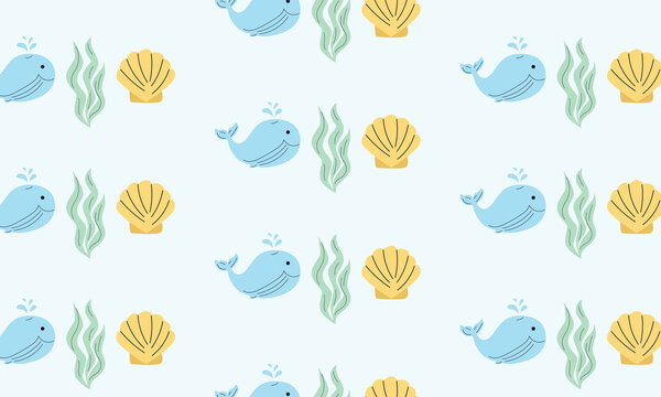 Cute pastel ocean pattern with whale seashell and seaweed illustrations, playful marine background for nursery decor kids wallpaper textile wrapping paper and summer beach design