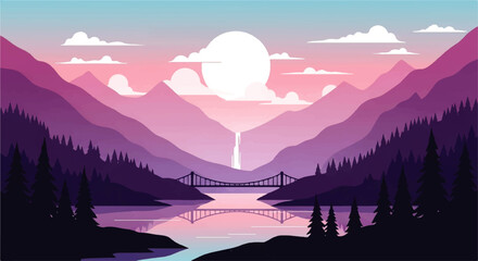 Serene mountain landscape with a bridge over a river at sunset, a vector flat design illustration © DevanAlfaris