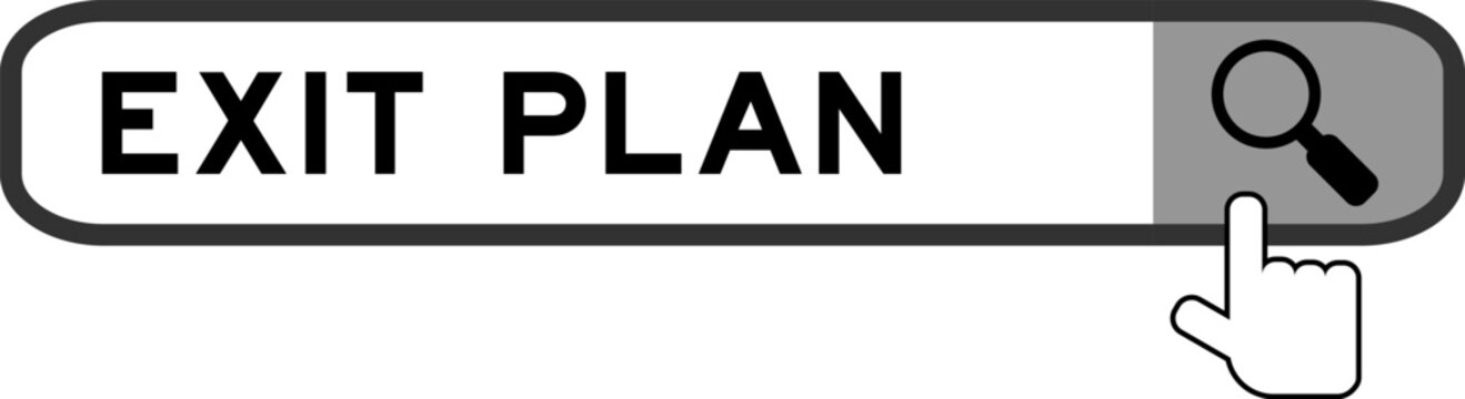 Search banner in word exit plan with hand over magnifier icon on white background