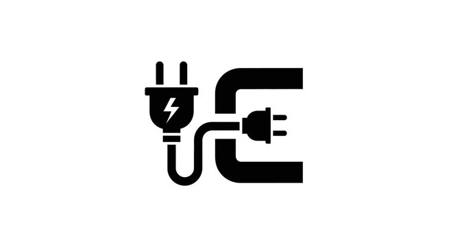 Minimalist black electrical plug and letter U logo design