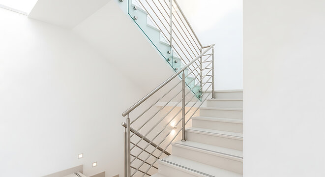 Minimalist interior staircase with wooden steps and white walls, modern home stairs