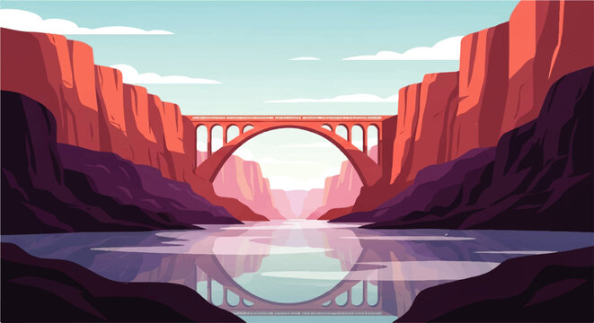 Vector flat design illustration of a grand arched bridge spanning a tranquil river canyon with warm sunset light