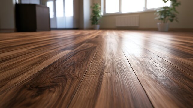 High quality photo of low angle shot focuses on luxury vinyl plank flooring inside home. Floor wood planks create warm, cozy ambiance in house interior. Laminate parquet design.