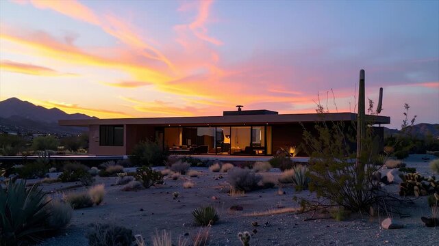 Desert Modern House at Sunset with Warm Evening Sky