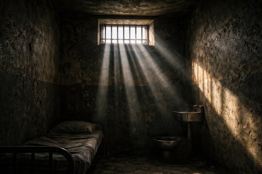 Prison cell space with narrow light rays piercing barred window onto rough walls