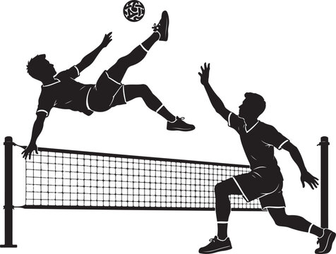 Dynamic silhouette illustration of two athletes playing sepak takraw with a ball jumping over a net in professional sports competition