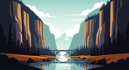 Vector flat design illustration of a scenic mountain landscape with a river and bridge under a clear sky © DevanAlfaris