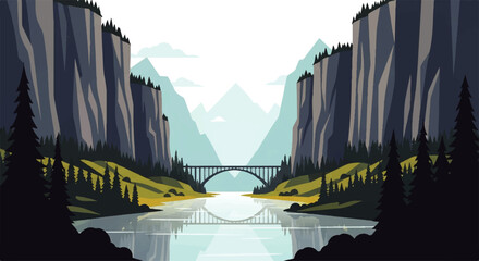 Vector flat design illustration of a serene mountain landscape with a river and a bridge connecting two cliffs © DevanAlfaris