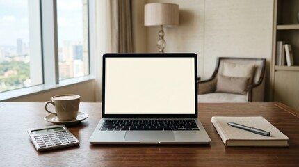 Fototapeta premium Front view laptop with coffee calculator and notebook on desk