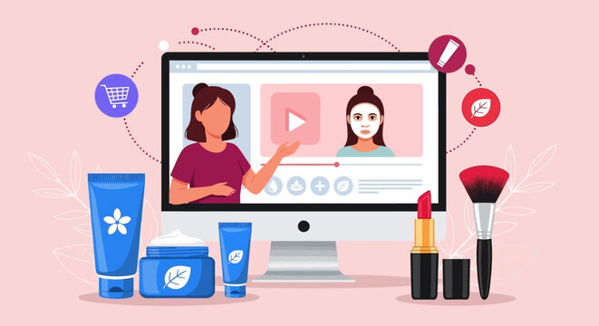 Woman recording makeup tutorial on computer, beauty vlogging concept, skincare products and cosmetics