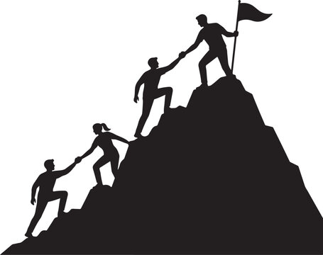 Silhouette illustration of a diverse team of people helping each other climb up a mountain to reach the peak success