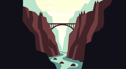 Vector flat design illustration of a majestic bridge spanning a deep canyon with a river flowing © DevanAlfaris