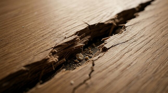 Close up of a deep crack in a wooden surface.