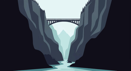 Vector flat design illustration of a majestic bridge spanning a deep canyon with a river flowing © DevanAlfaris
