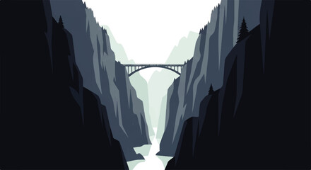 Vector flat design illustration of a majestic bridge spanning a deep canyon with a river flowing © DevanAlfaris