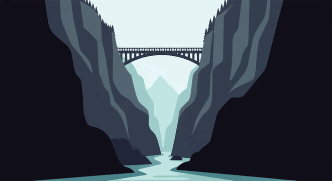 Vector flat design illustration of a majestic bridge spanning a deep canyon with a river flowing