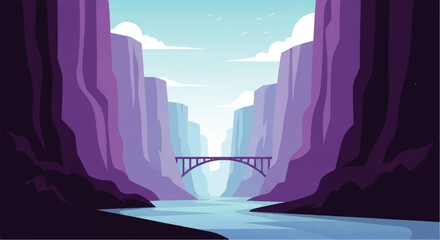 Vector flat design illustration of a scenic canyon landscape with a river and bridge under a clear sky © DevanAlfaris