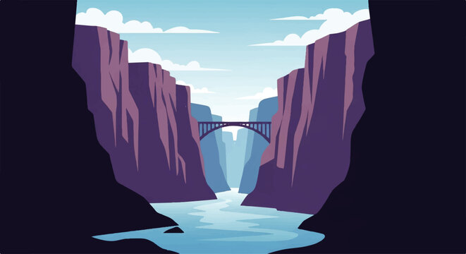 Vector Flat Design Illustration of a majestic canyon with a river flowing through and a bridge spanning the gap